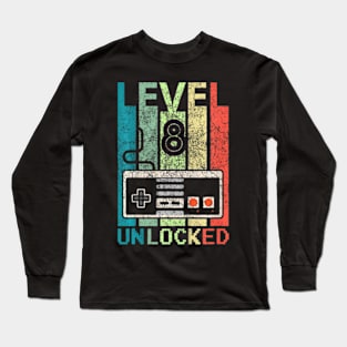 Kids Level 8 Unlocked Video Gamer 8Th Birthday Long Sleeve T-Shirt